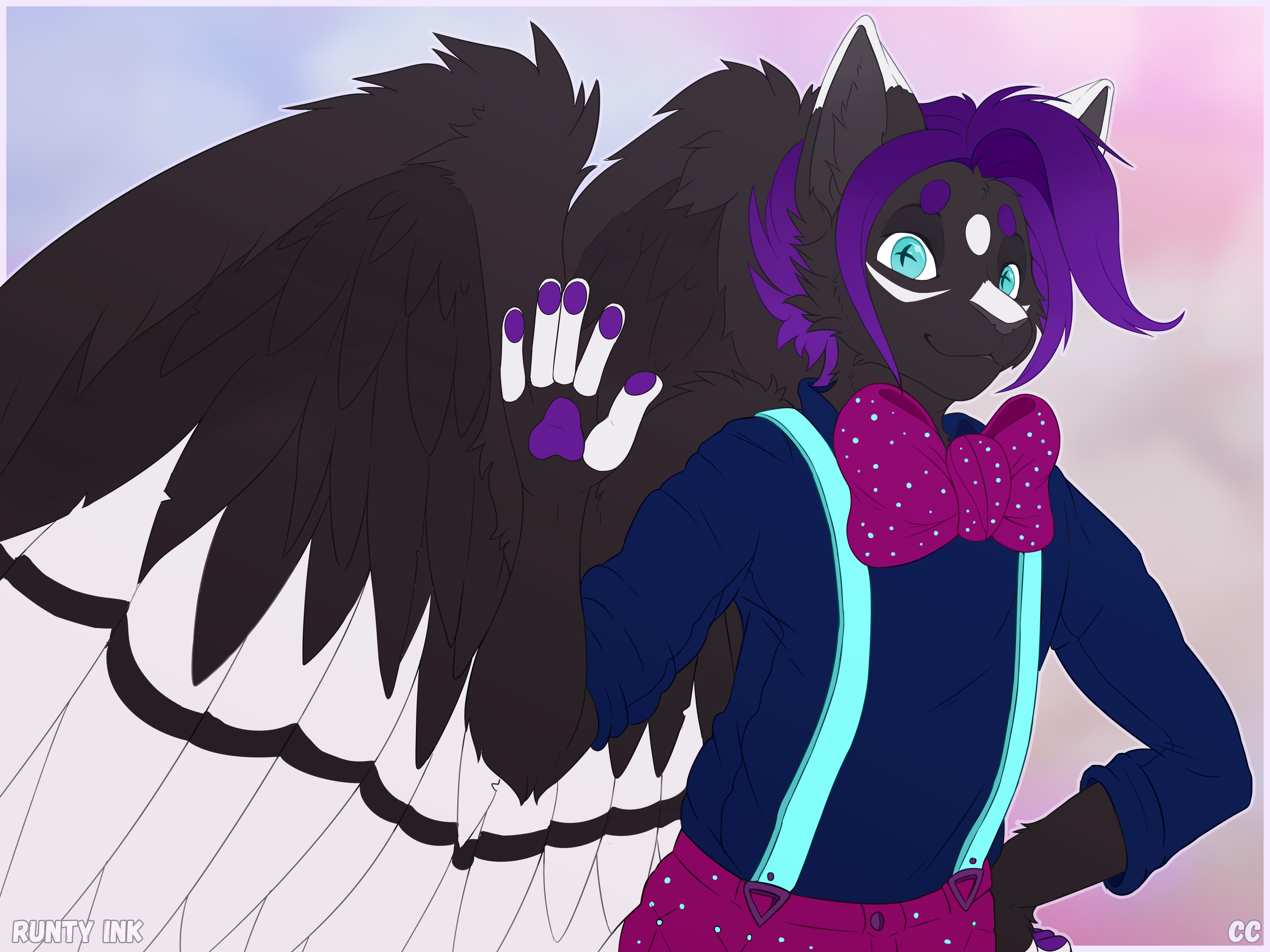 A picture of a humanoid cat with wings waving at the camera